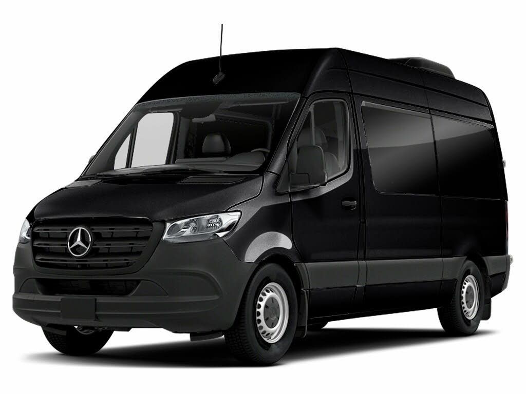 Black Mercedes-Benz Sprinter van shown at an angle, highlighting its sleek design and prominent grille.